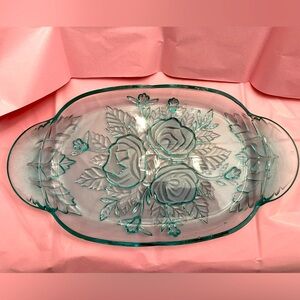 PASARI LIVIA INDONESIA GLASS SERVING PLATTER IN AQUA EMBOSSED WITH ROSES